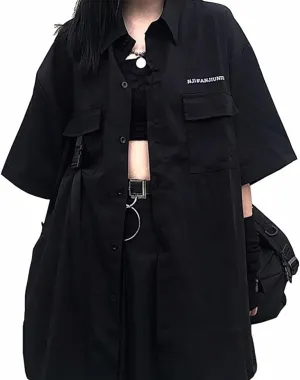 Gothic suit summer all-match black loose shirt tops women fashion two-piece goth skirt Harajuku style punk fashion XXL(Top shirt,S)