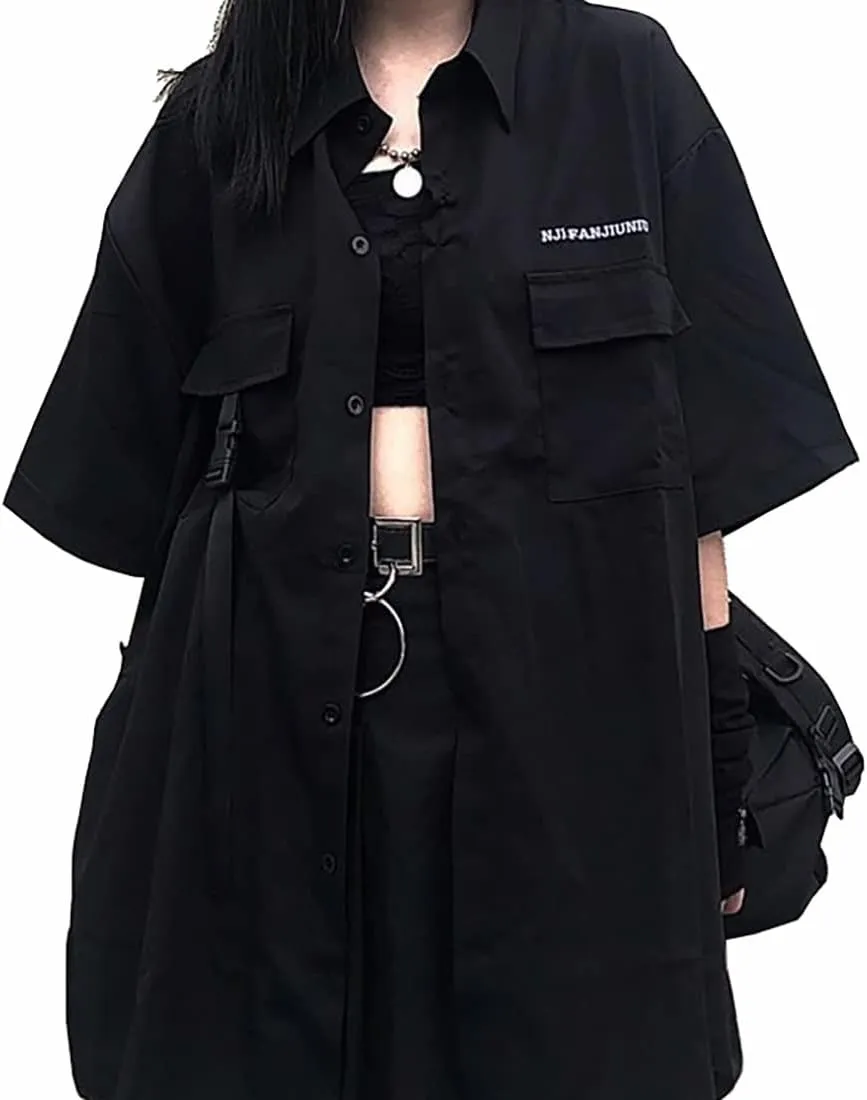 Gothic suit summer all-match black loose shirt tops women fashion two-piece goth skirt Harajuku style punk fashion XXL(Top shirt,S)