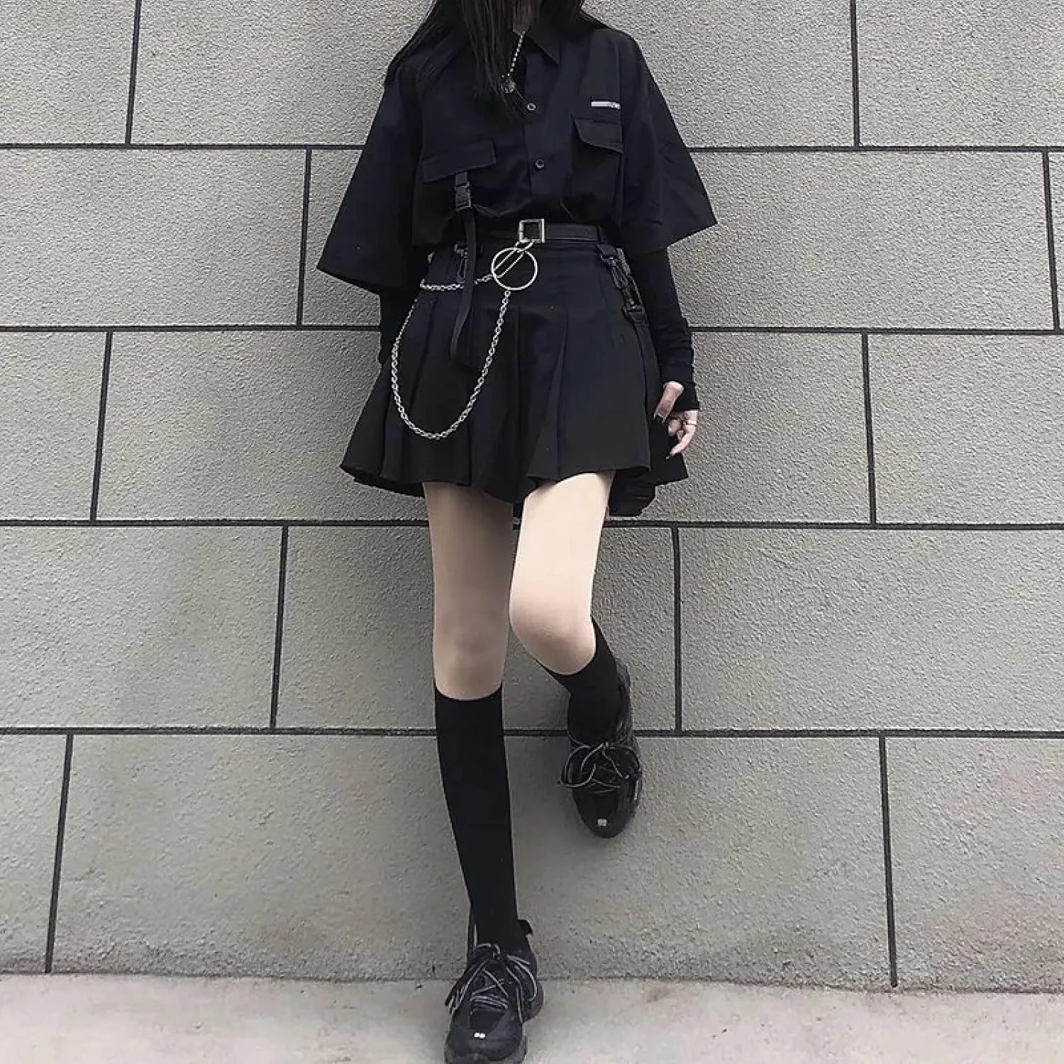Gothic suit summer all-match black loose shirt tops women fashion two-piece goth skirt Harajuku style punk fashion XXL(Top shirt,S)