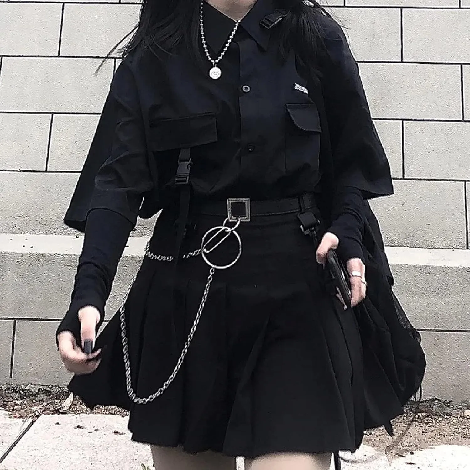 Gothic suit summer all-match black loose shirt tops women fashion two-piece goth skirt Harajuku style punk fashion XXL(Top shirt,S)