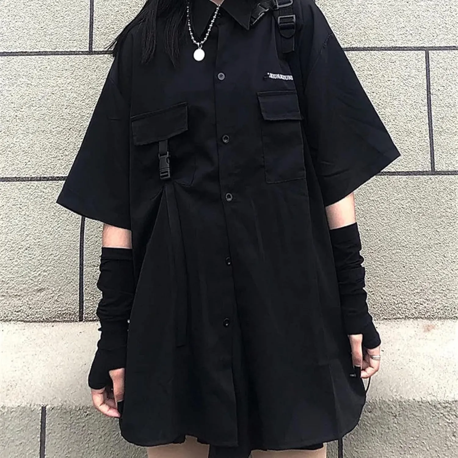 Gothic suit summer all-match black loose shirt tops women fashion two-piece goth skirt Harajuku style punk fashion XXL(Top shirt,S)