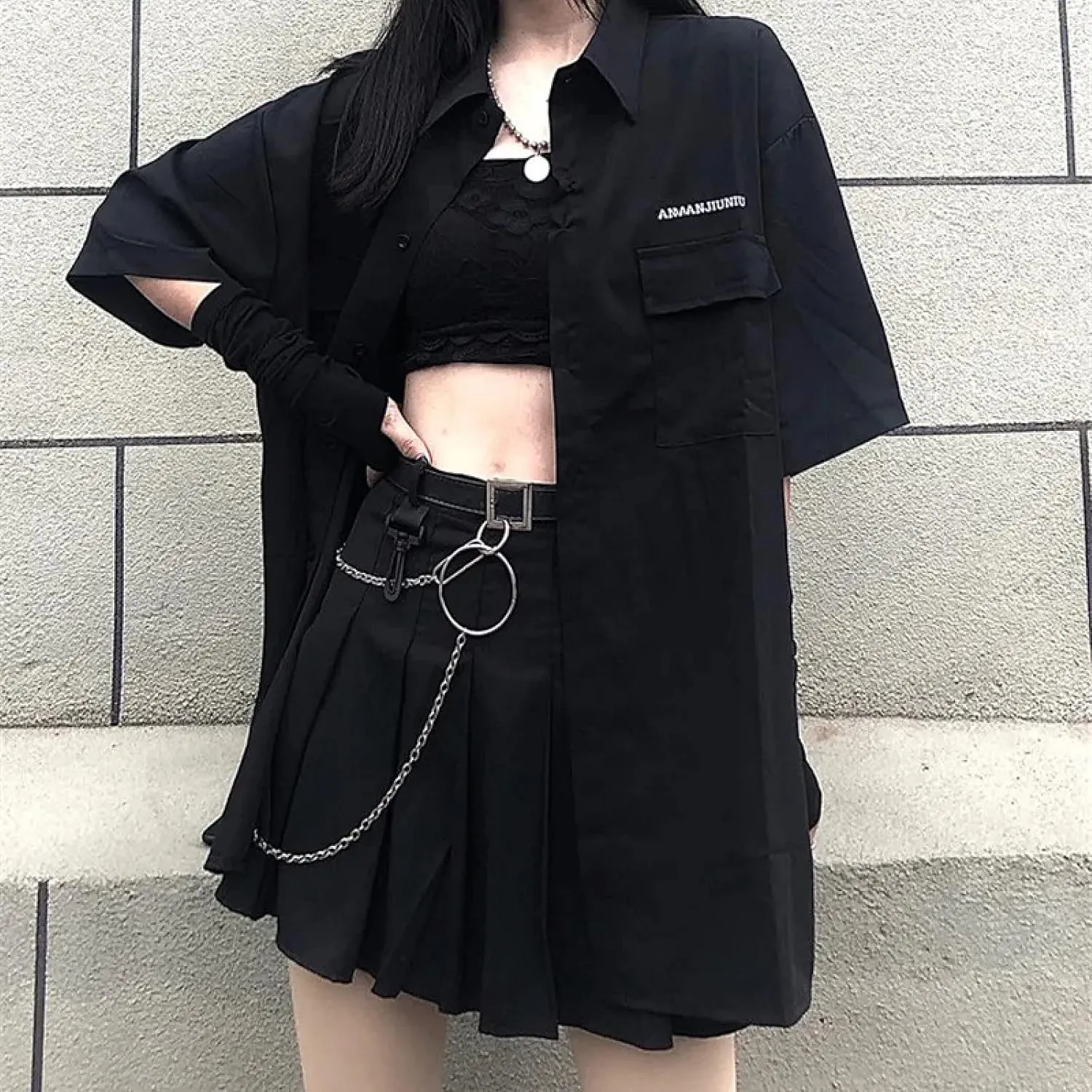 Gothic suit summer all-match black loose shirt tops women fashion two-piece goth skirt Harajuku style punk fashion XXL(Top shirt,S)