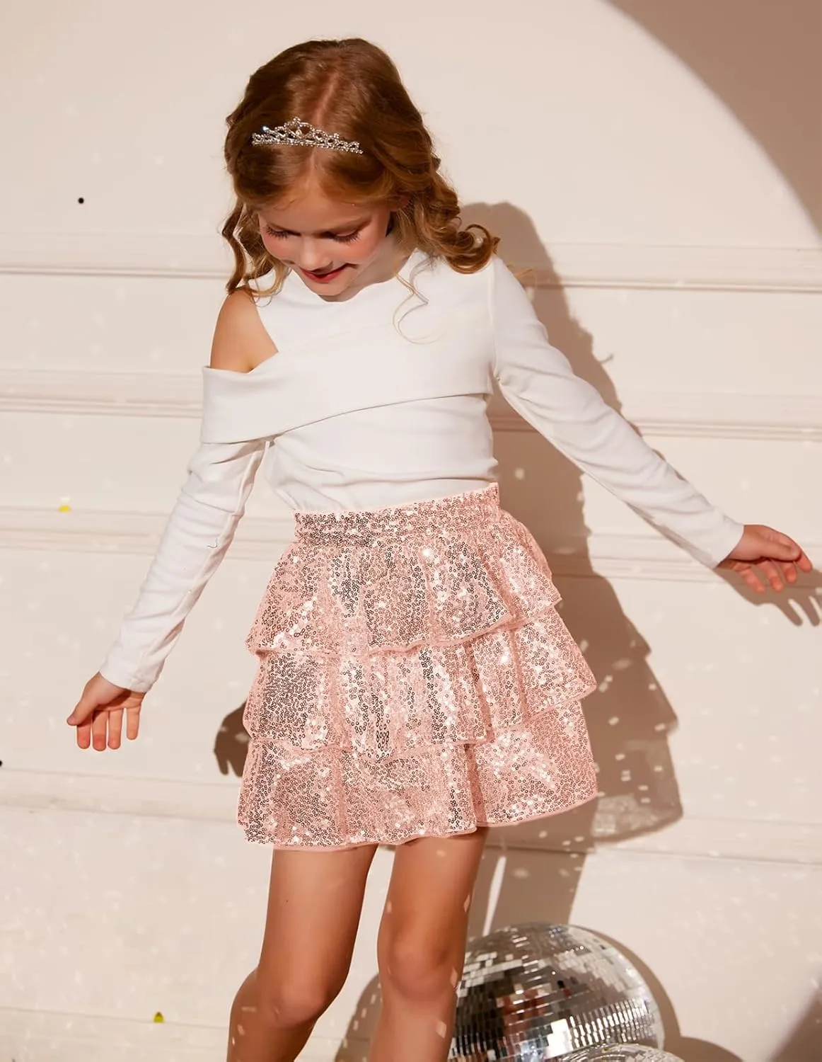 GRACE KARIN Girls Ruffle Skirt Elastic Waist Sequin Skirt for Party