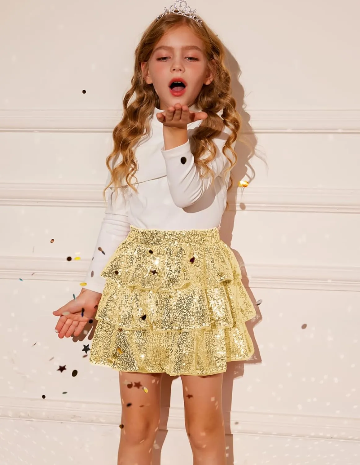 GRACE KARIN Girls Ruffle Skirt Elastic Waist Sequin Skirt for Party