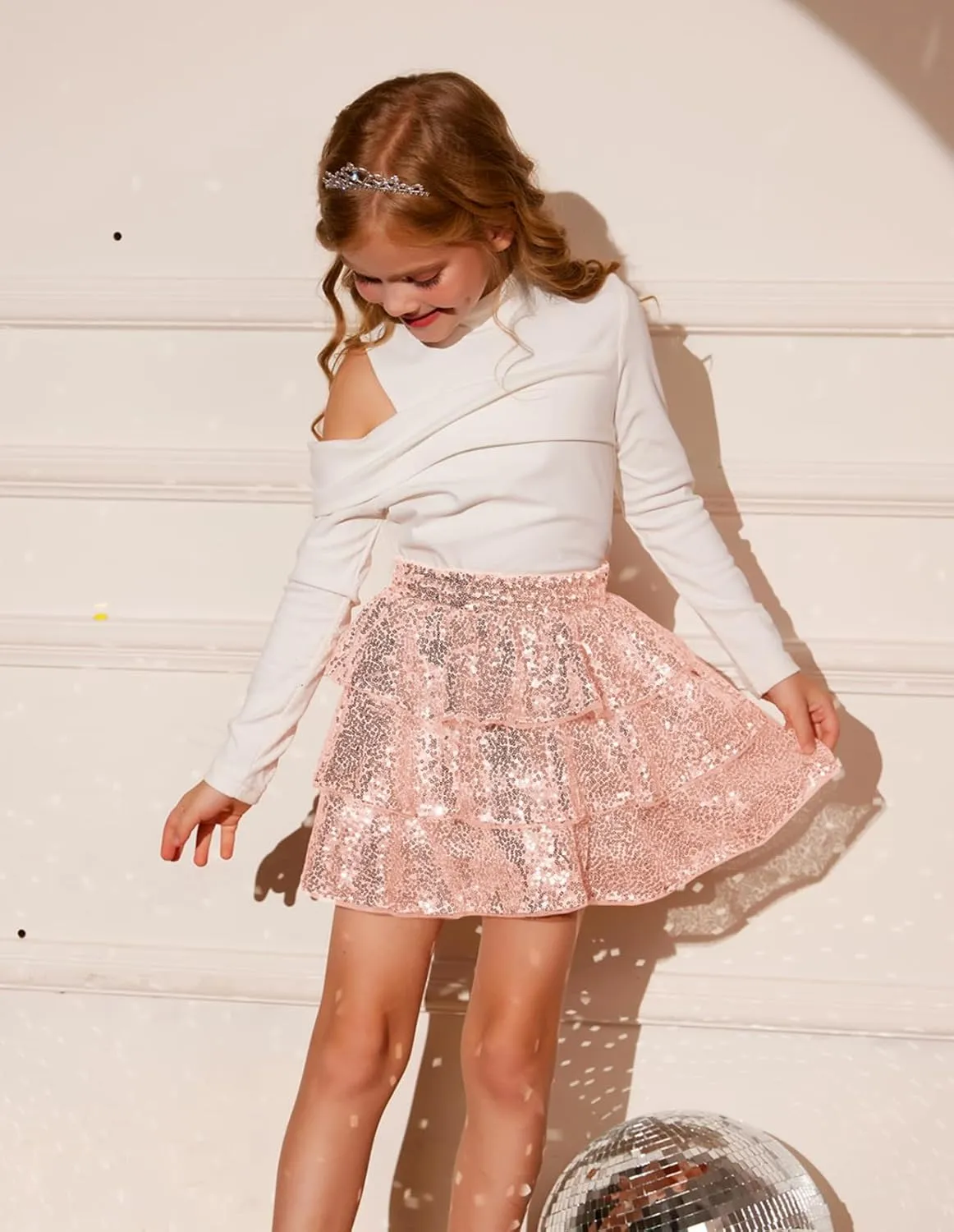 GRACE KARIN Girls Ruffle Skirt Elastic Waist Sequin Skirt for Party