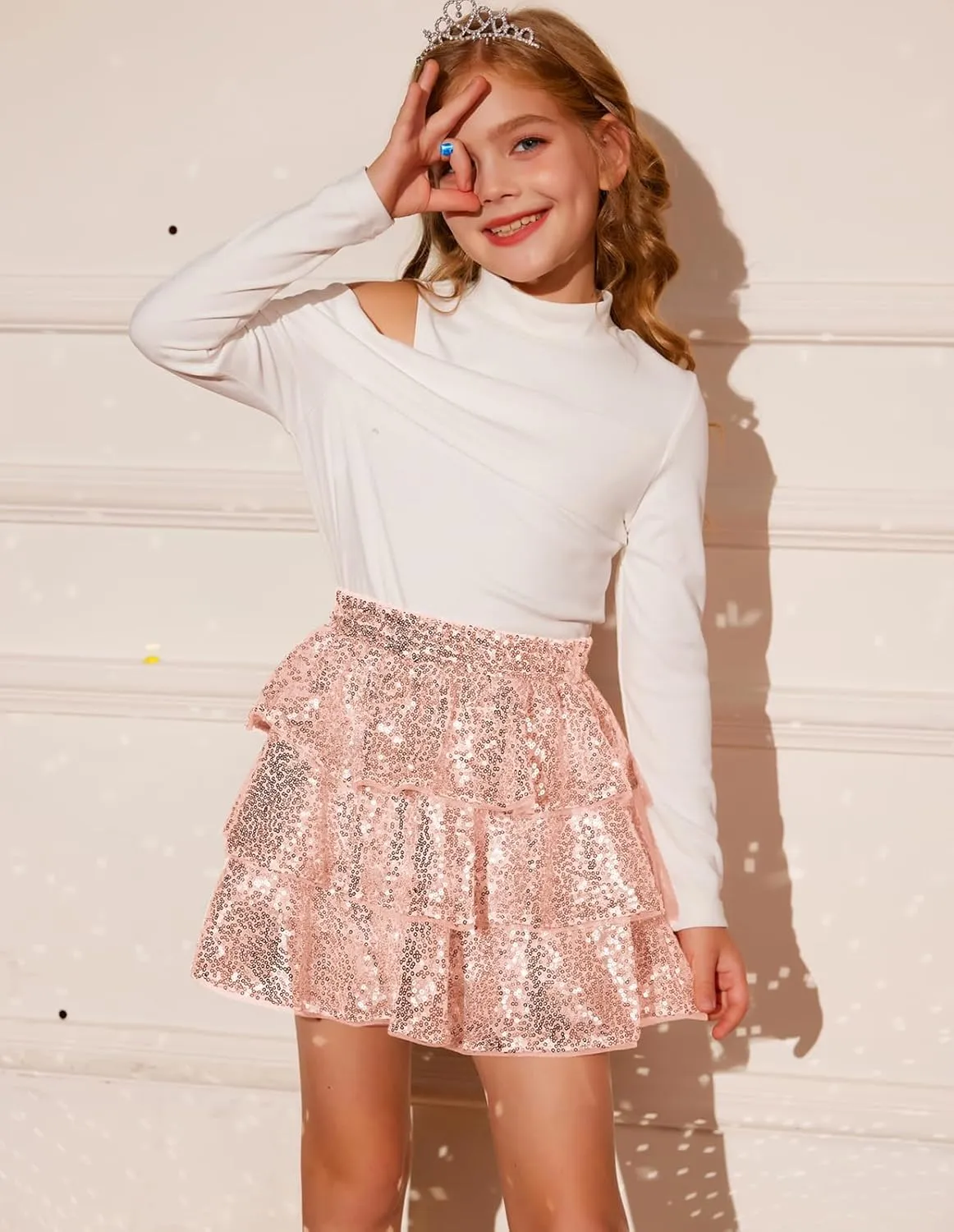 GRACE KARIN Girls Ruffle Skirt Elastic Waist Sequin Skirt for Party