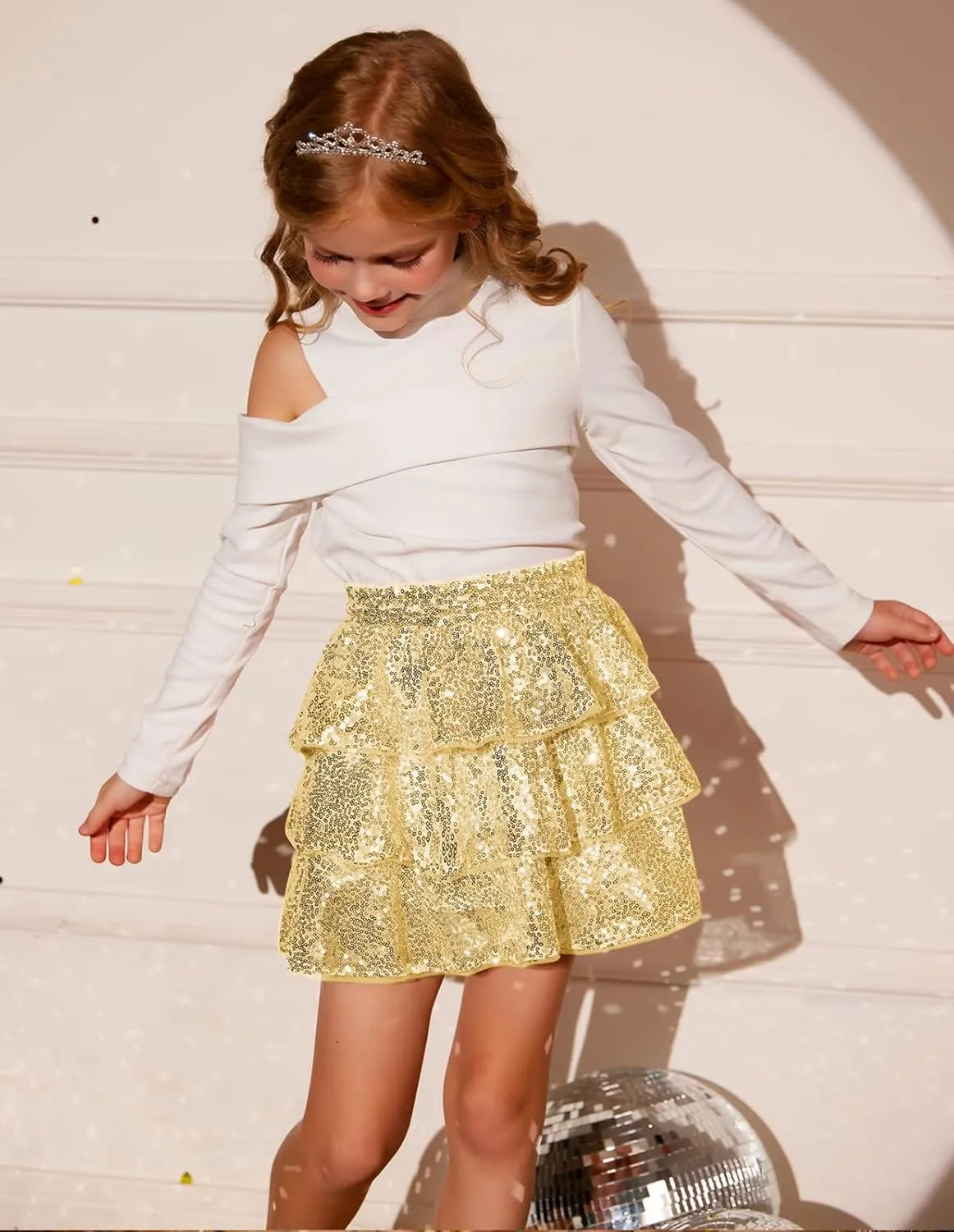GRACE KARIN Girls Ruffle Skirt Elastic Waist Sequin Skirt for Party