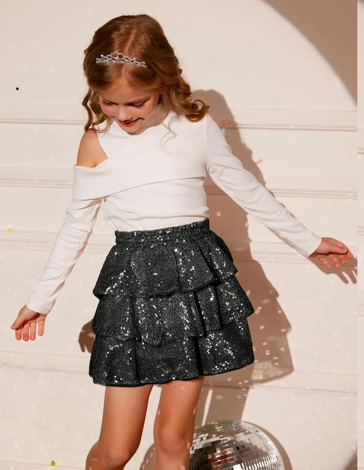 GRACE KARIN Girls Ruffle Skirt Elastic Waist Sequin Skirt for Party