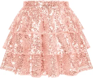 GRACE KARIN Girls Ruffle Skirt Elastic Waist Sequin Skirt for Party
