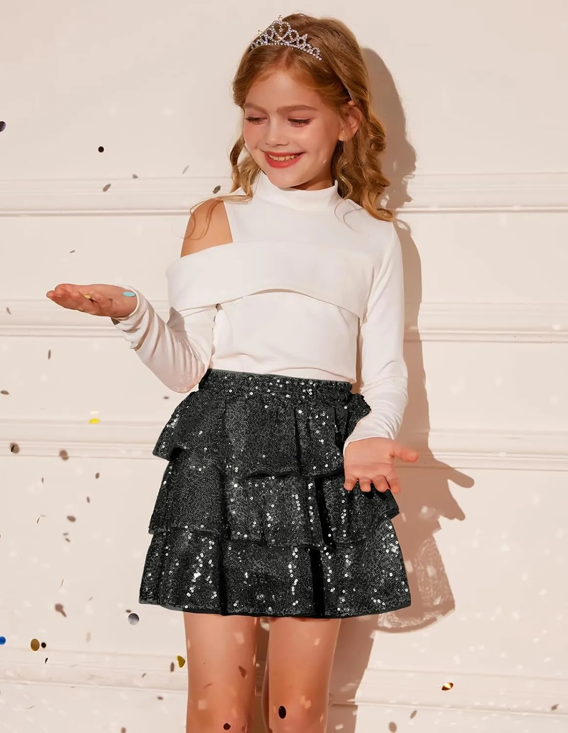 GRACE KARIN Girls Ruffle Skirt Elastic Waist Sequin Skirt for Party