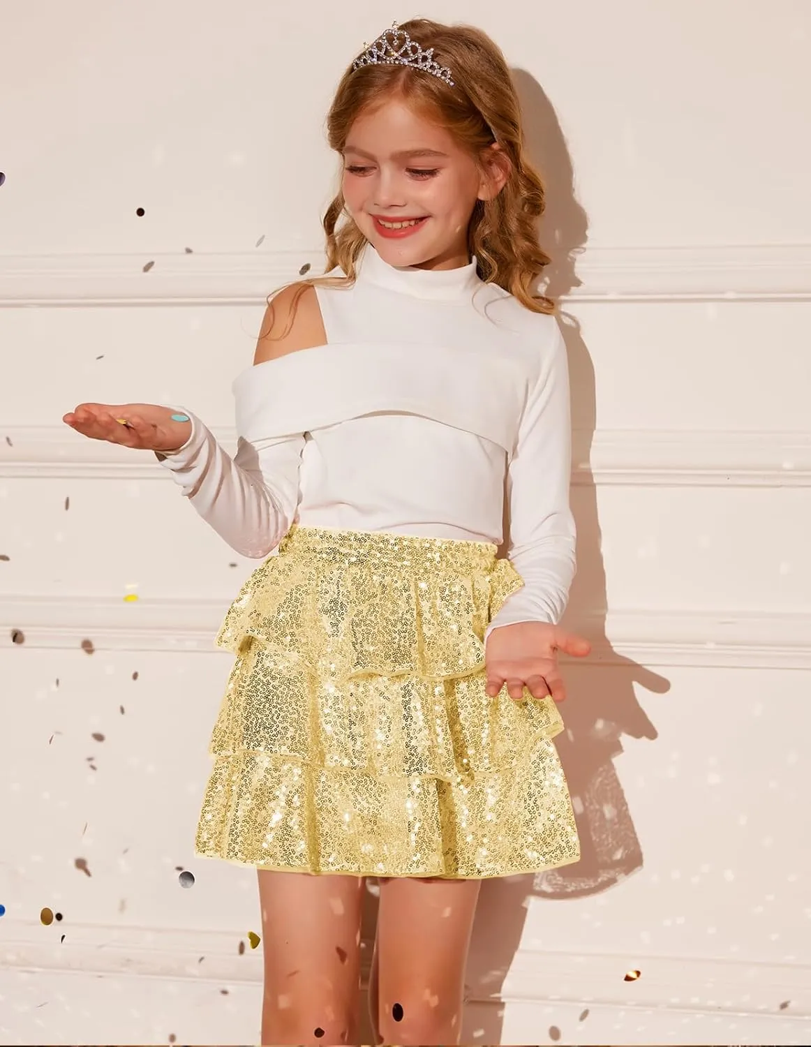 GRACE KARIN Girls Ruffle Skirt Elastic Waist Sequin Skirt for Party