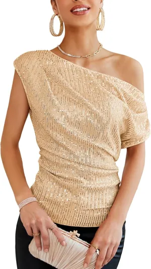 GRACE KARIN One Shoulder Sequin Sparkly Tops for Women Ruched Asymmetrical Glitter Tops Slimming Sparkle Party Shirts
