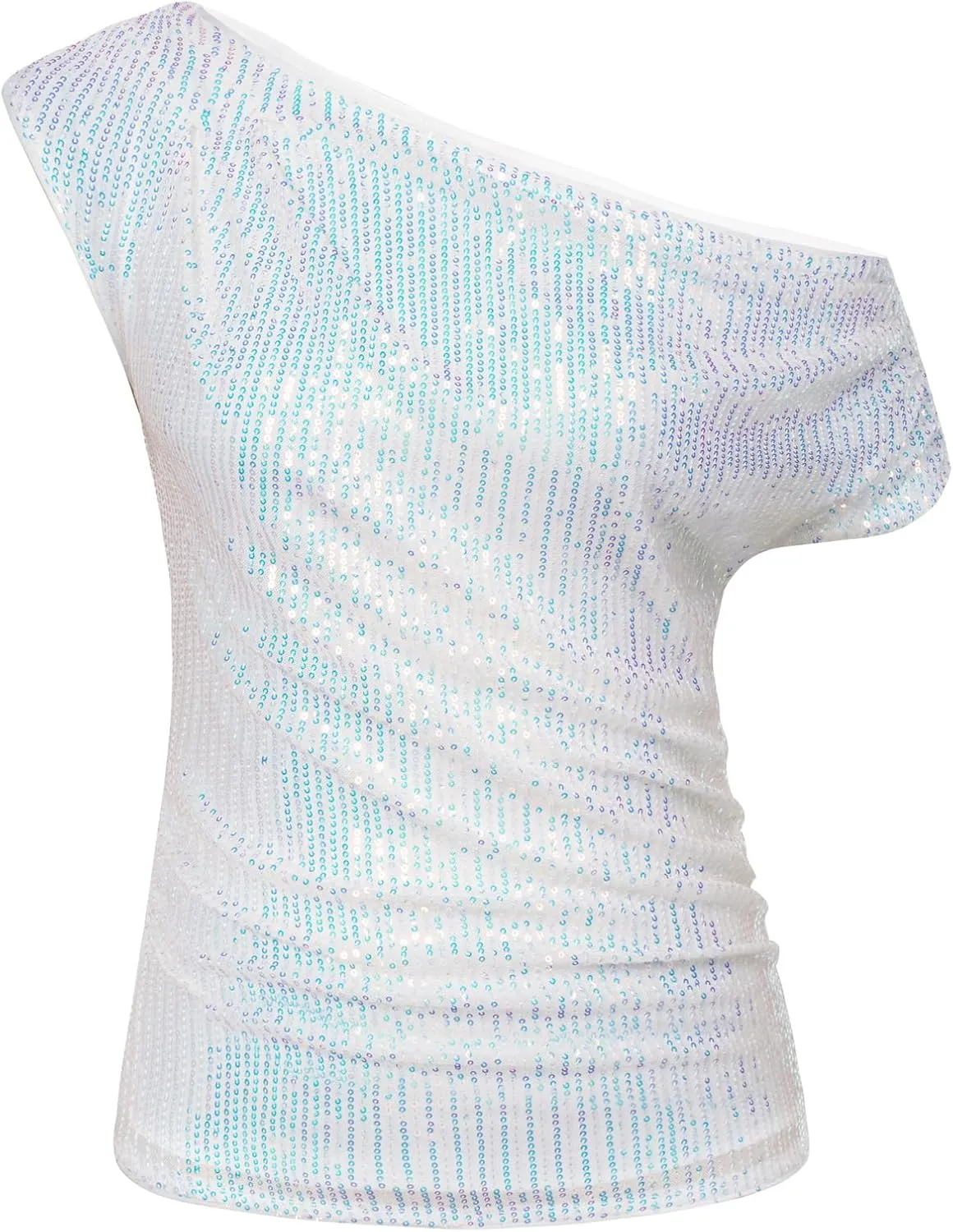 GRACE KARIN One Shoulder Sequin Sparkly Tops for Women Ruched Asymmetrical Glitter Tops Slimming Sparkle Party Shirts