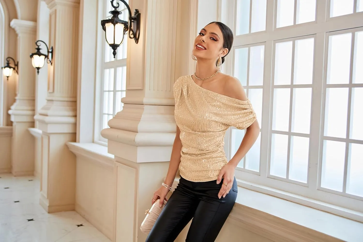 GRACE KARIN One Shoulder Sequin Sparkly Tops for Women Ruched Asymmetrical Glitter Tops Slimming Sparkle Party Shirts