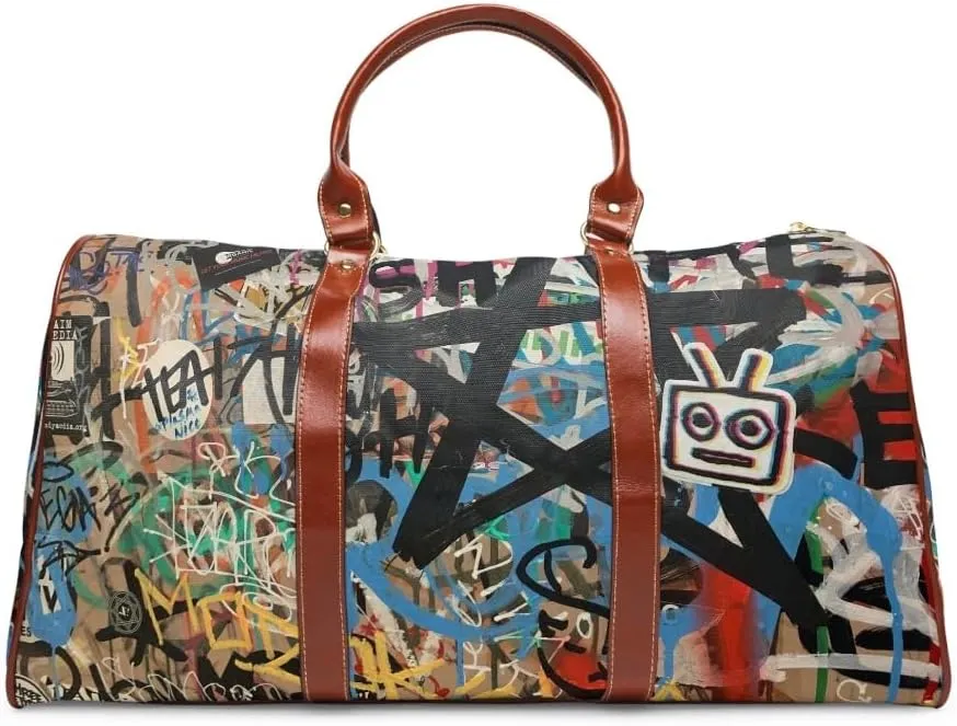 Graffiti Art Travel Duffel Bag, Waterproof PU Leather, 20 x 12 x 9 inches, Brown Handles