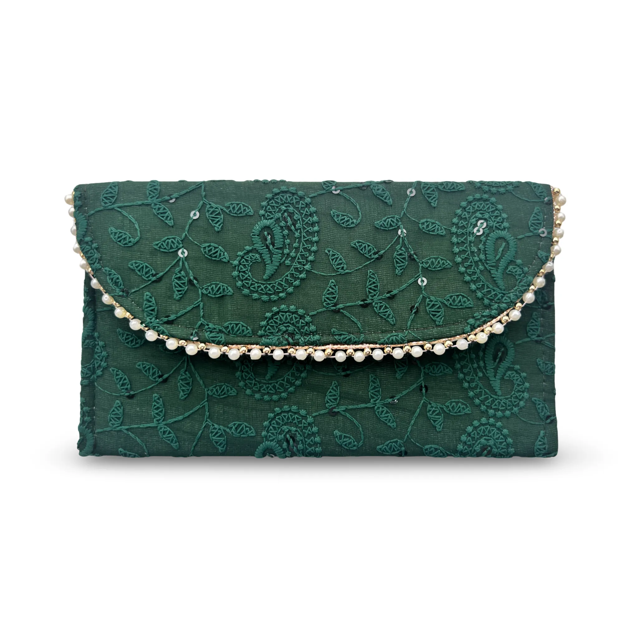 Green Linen Pouch with Floral Embroidery