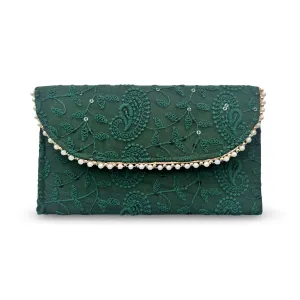 Green Linen Pouch with Floral Embroidery