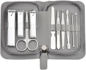 Grey Professional Personal Care Tools Portable Mini Manicure and Pedicure Kit with Zipper Leather Case Stainless Steel Nail Clippers Set