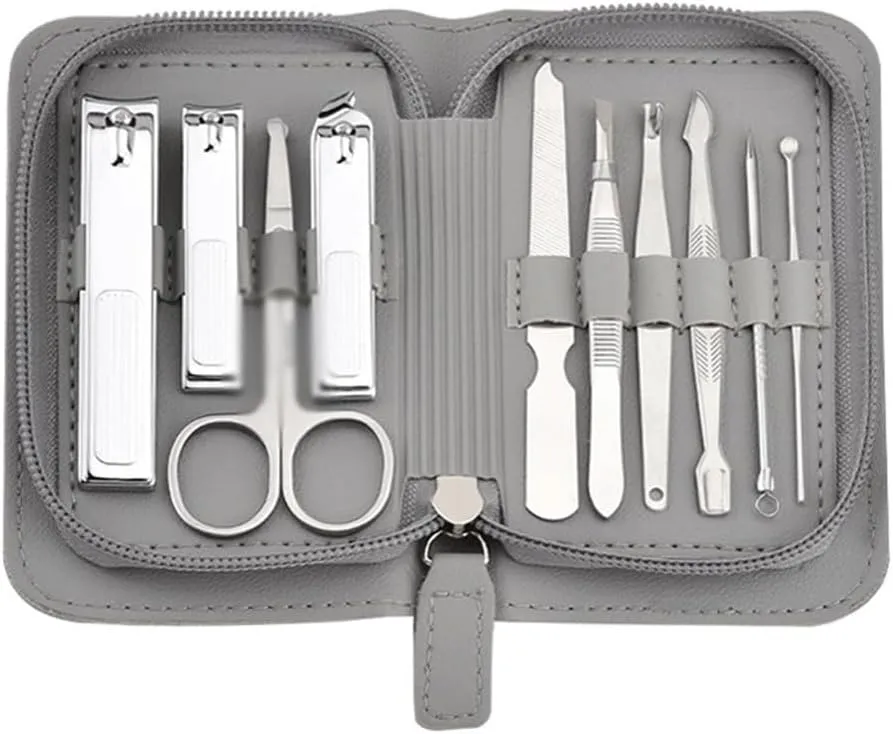 Grey Professional Personal Care Tools Portable Mini Manicure and Pedicure Kit with Zipper Leather Case Stainless Steel Nail Clippers Set