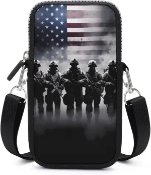 Grunge American Army Soldiers with Flag Cell Phone Purse Small Cross-Body Bags Wallet Case with Removable Shoulder Strap