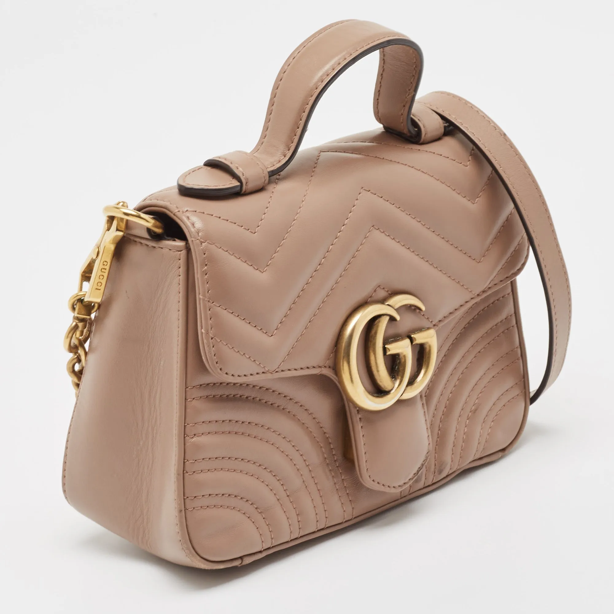 Gucci Beige Matelasse Leather Mini Gg Marmont Top Handle Bag