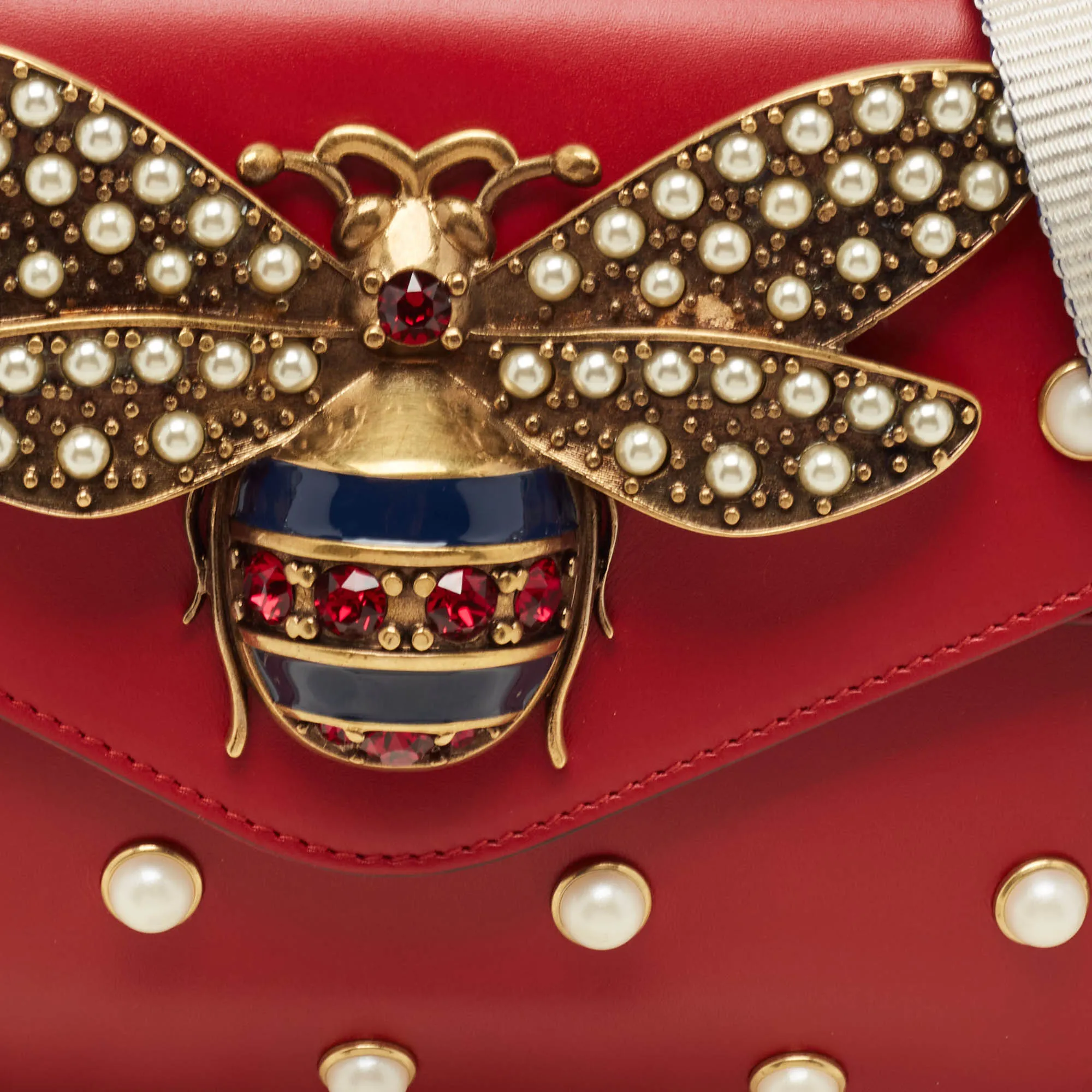 Gucci Red Leather Mini Pearl Queen Margaret Broadway Shoulder Bag
