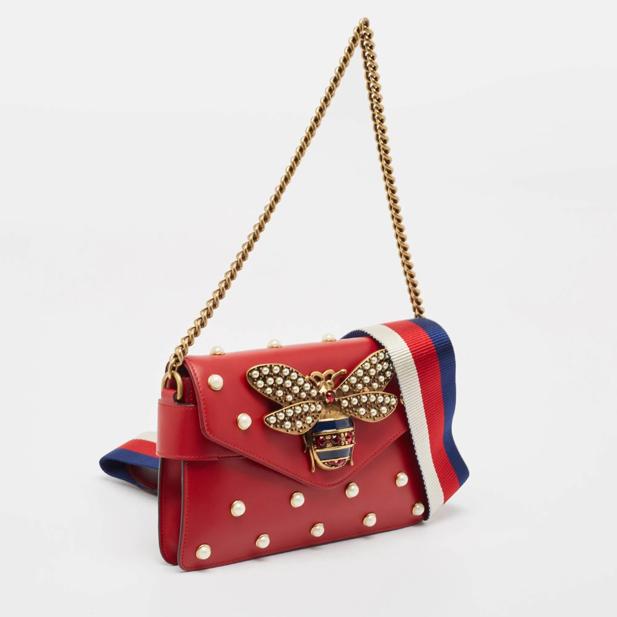 Gucci Red Leather Mini Pearl Queen Margaret Broadway Shoulder Bag