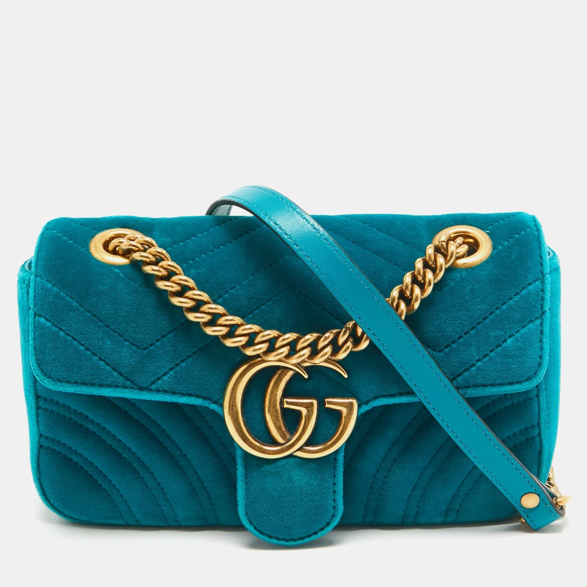 Gucci Teal Matelass&eacute; Velvet Mini Gg Marmont Shoulder Bag