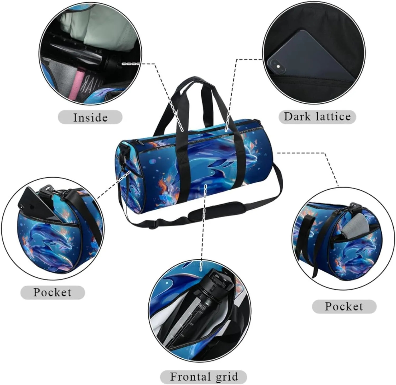 Gym Bags for Men,Travel Duffel Bags for Women,Dolphin and Sea Bubbles,Workout Bag