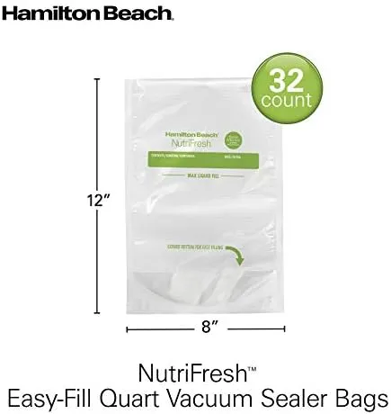 Hamilton Beach Easy-Fill 32 Count One Quart Vacuum Sealer Storage Bags for Food, BPA Free, 12” x 8”, Meal Prep and Sous Vide
