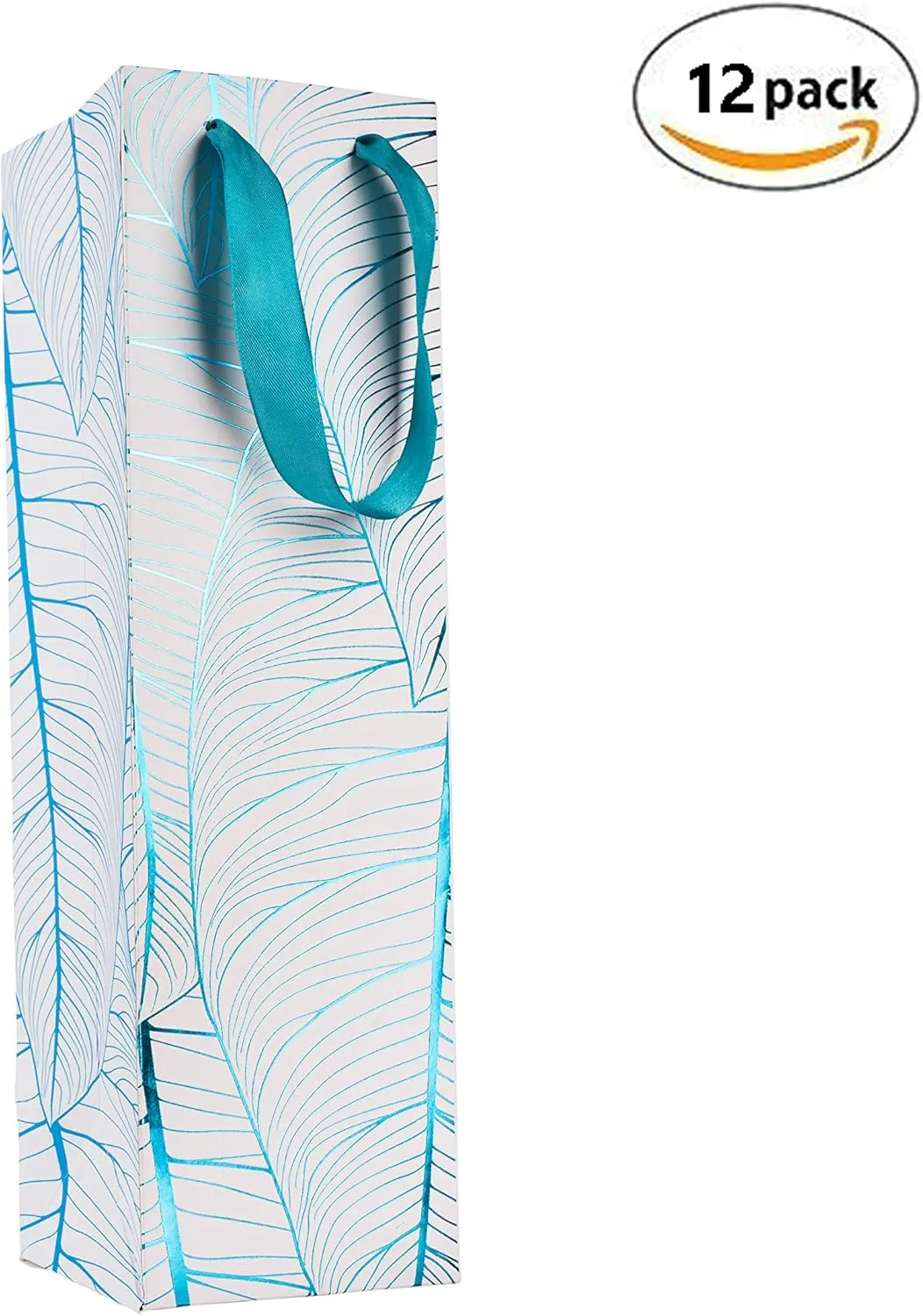 Hammont Wine Bottle Gift Bags - 12 Pack Blue Leaf Design Wine Gift Bags for Wine Bottles - Bottle Bag with Durable Ribbon Handles, Beautiful Present Bags for Wedding, Birthday, Parties (14”x4”x4”)