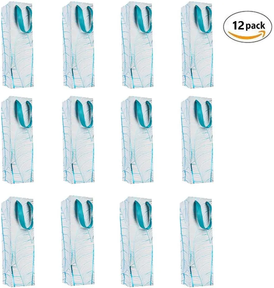 Hammont Wine Bottle Gift Bags - 12 Pack Blue Leaf Design Wine Gift Bags for Wine Bottles - Bottle Bag with Durable Ribbon Handles, Beautiful Present Bags for Wedding, Birthday, Parties (14”x4”x4”)