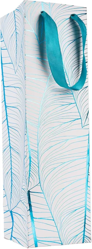 Hammont Wine Bottle Gift Bags - 12 Pack Blue Leaf Design Wine Gift Bags for Wine Bottles - Bottle Bag with Durable Ribbon Handles, Beautiful Present Bags for Wedding, Birthday, Parties (14”x4”x4”)