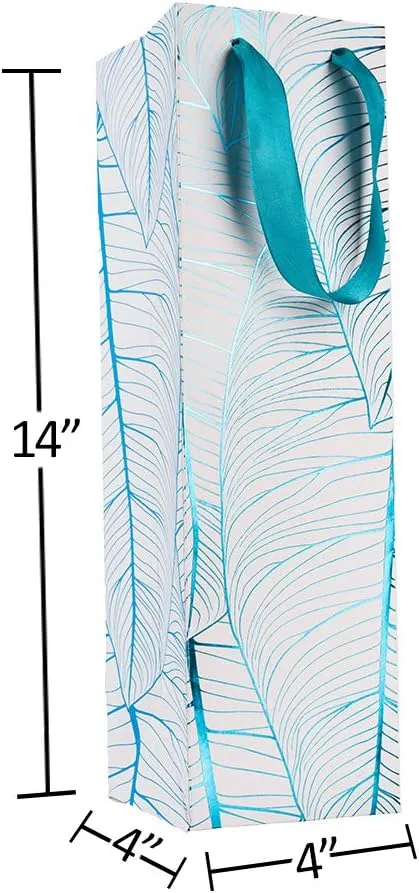 Hammont Wine Bottle Gift Bags - 12 Pack Blue Leaf Design Wine Gift Bags for Wine Bottles - Bottle Bag with Durable Ribbon Handles, Beautiful Present Bags for Wedding, Birthday, Parties (14”x4”x4”)