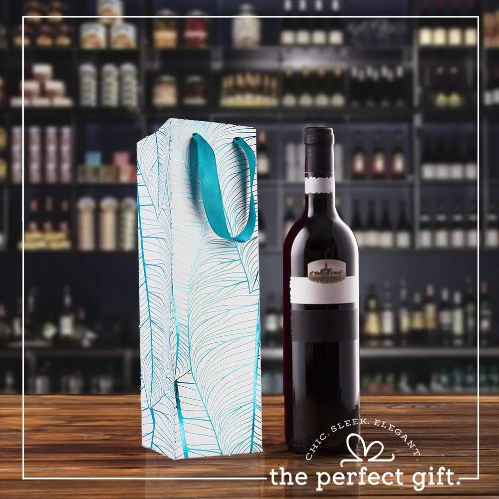 Hammont Wine Bottle Gift Bags - 12 Pack Blue Leaf Design Wine Gift Bags for Wine Bottles - Bottle Bag with Durable Ribbon Handles, Beautiful Present Bags for Wedding, Birthday, Parties (14”x4”x4”)