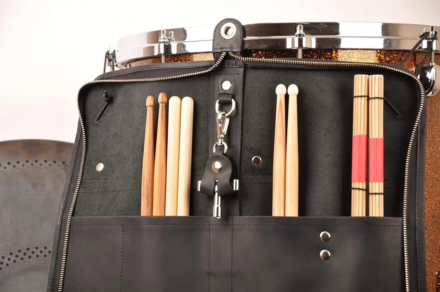 Handmade drumstick bag with a drum key holder, genuine leather drum stick holder (Large Bag, Black)