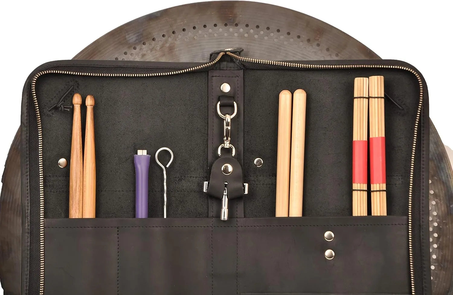 Handmade drumstick bag with a drum key holder, genuine leather drum stick holder (Large Bag, Black)