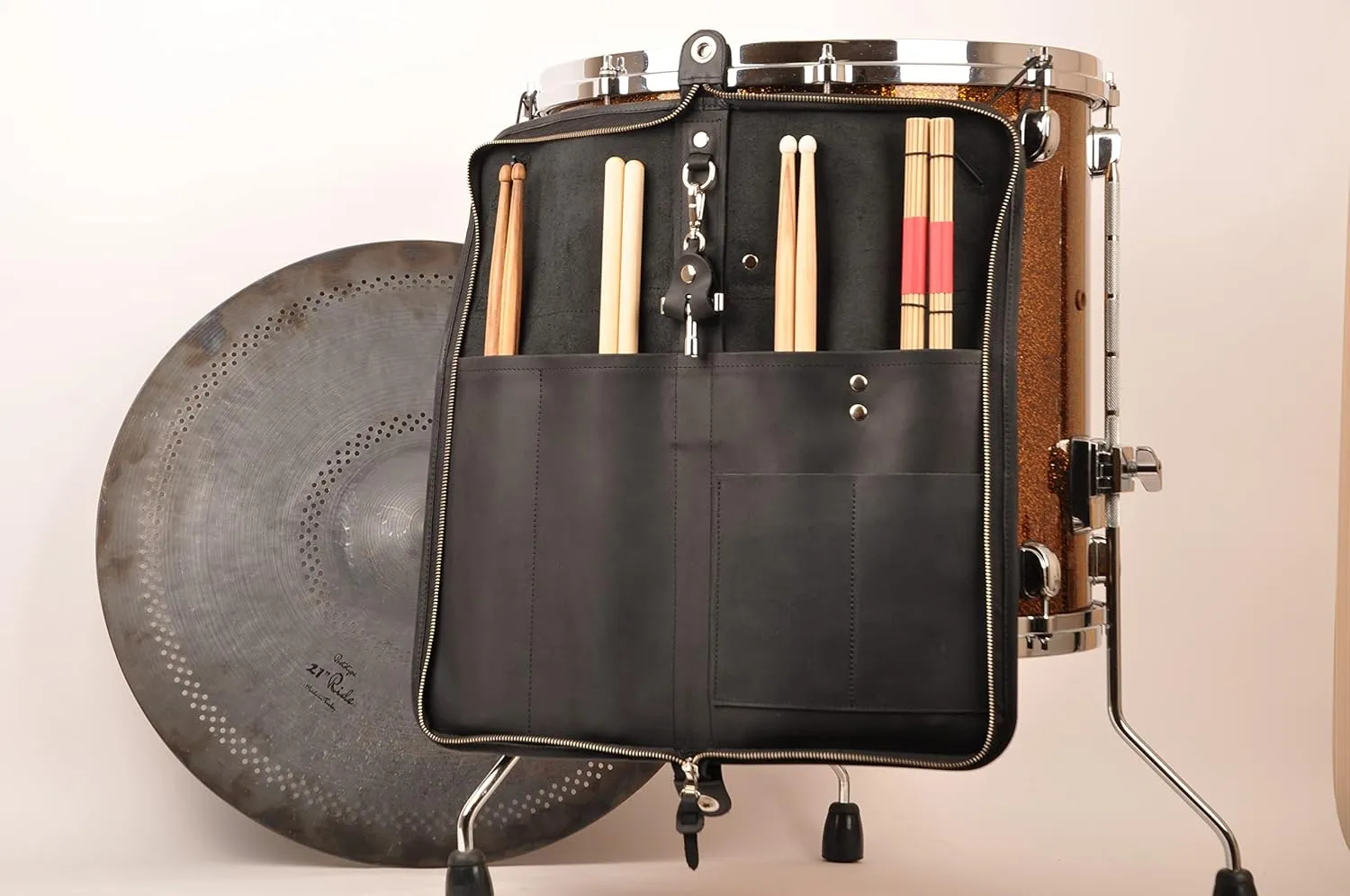 Handmade drumstick bag with a drum key holder, genuine leather drum stick holder (Large Bag, Black)