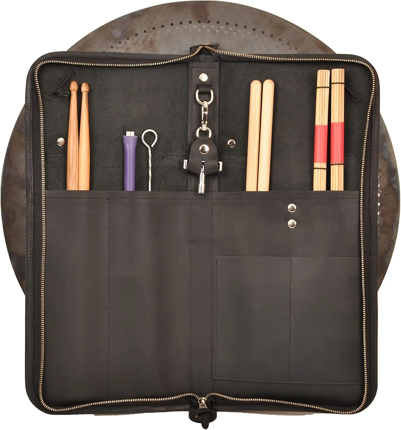 Handmade drumstick bag with a drum key holder, genuine leather drum stick holder (Large Bag, Black)