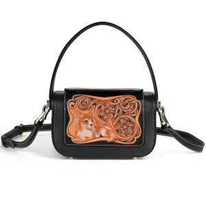 Handmade Full-Grain Leather Handbag with Floral Tooling, Fox Design (Black)