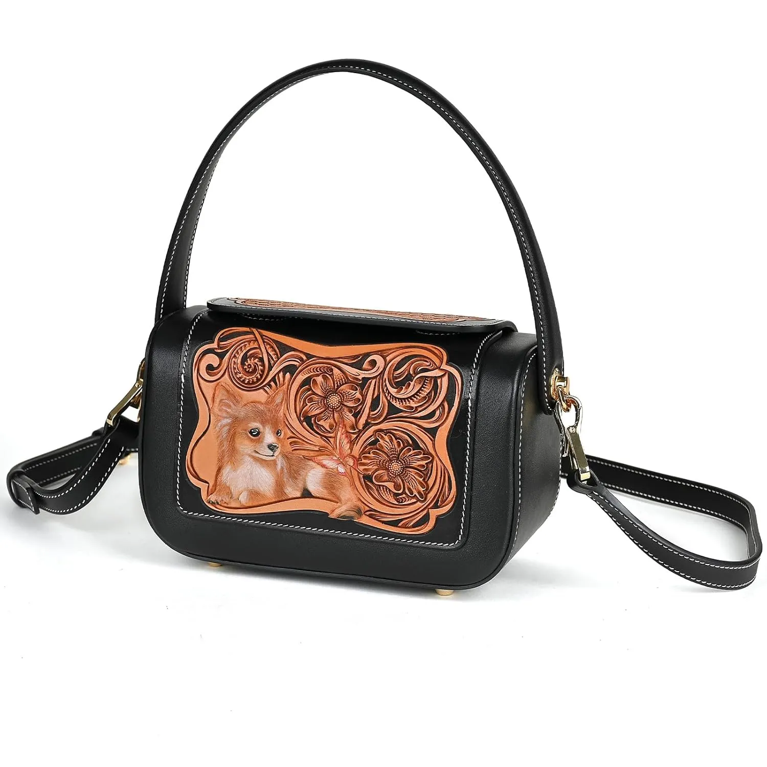 Handmade Full-Grain Leather Handbag with Floral Tooling, Fox Design (Black)