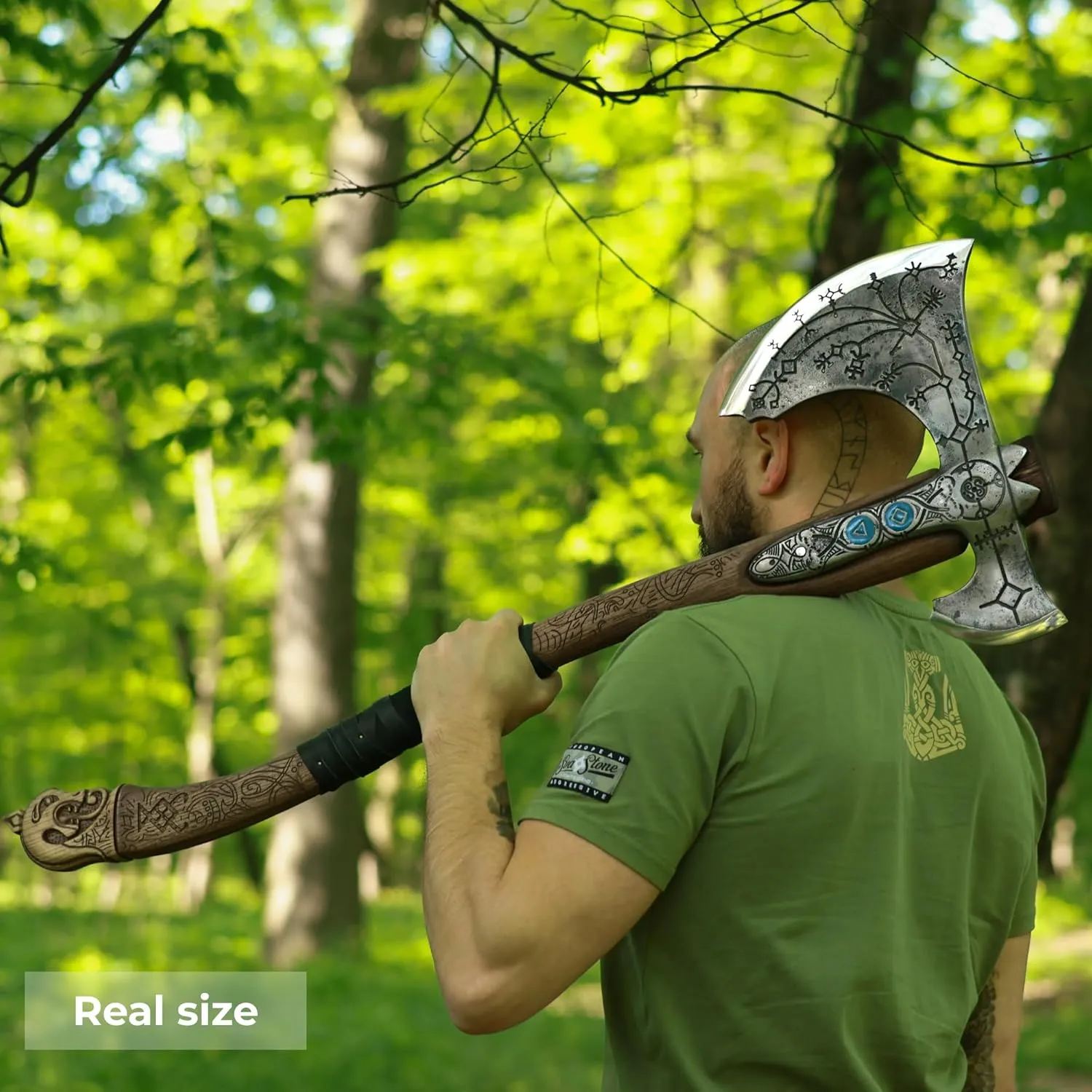 Handmade Leviathan Axe from AncientSmithy - GoW Leviathan Ax Replica - Real Kratos Axe for Cosplay - Forged High Carbon Steel Head Carved Ashwood Handle (Hardened Black Head with Luminescent Runes)