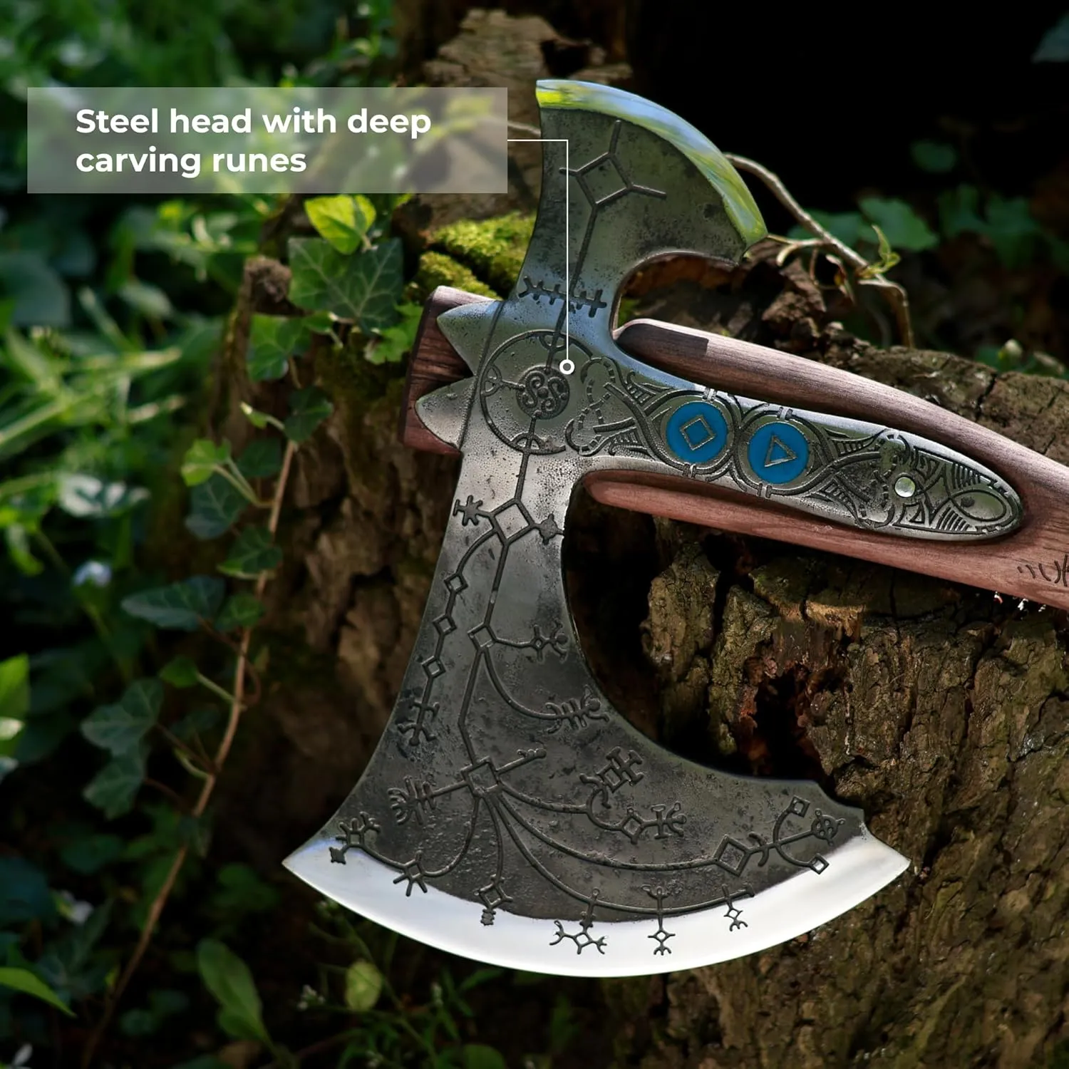 Handmade Leviathan Axe from AncientSmithy - GoW Leviathan Ax Replica - Real Kratos Axe for Cosplay - Forged High Carbon Steel Head Carved Ashwood Handle (Hardened Black Head with Luminescent Runes)