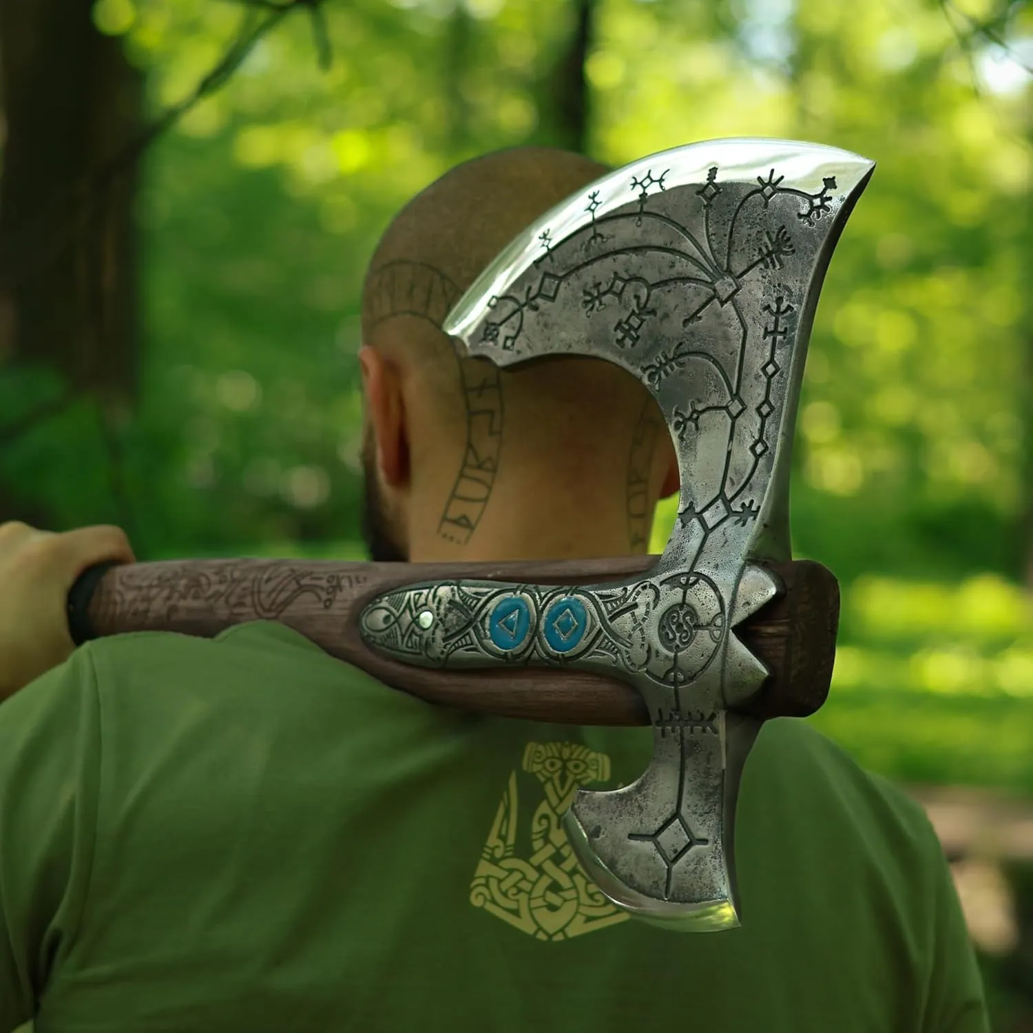 Handmade Leviathan Axe from AncientSmithy - GoW Leviathan Ax Replica - Real Kratos Axe for Cosplay - Forged High Carbon Steel Head Carved Ashwood Handle (Hardened Black Head with Luminescent Runes)
