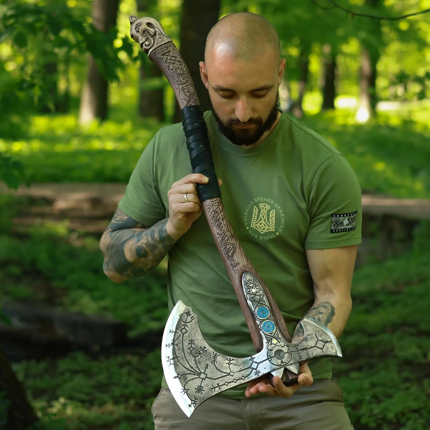 Handmade Leviathan Axe from AncientSmithy - GoW Leviathan Ax Replica - Real Kratos Axe for Cosplay - Forged High Carbon Steel Head Carved Ashwood Handle (Hardened Black Head with Luminescent Runes)