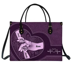 Hands In Hands Mom Nana And Children - Personalized Leather Bag, Mom Grandma Holding Hands Custom Leather Handbag with Kids' Names, Purple Handbag for Mom Grandma, Mother's Day Gifts for Women
