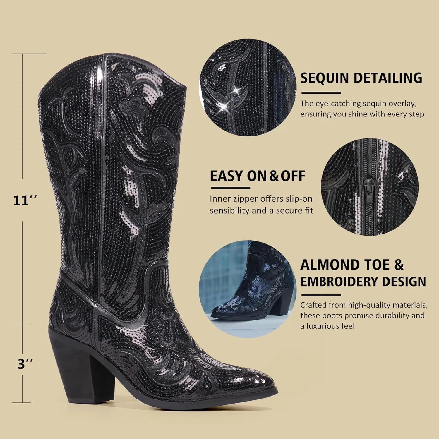 Hawkwell Women's Sequin Mid Calf Western Cowboy Boots Wide Calf High Fashion Zipper Pointed Toe Embroidered Tall Cowgirl Boots