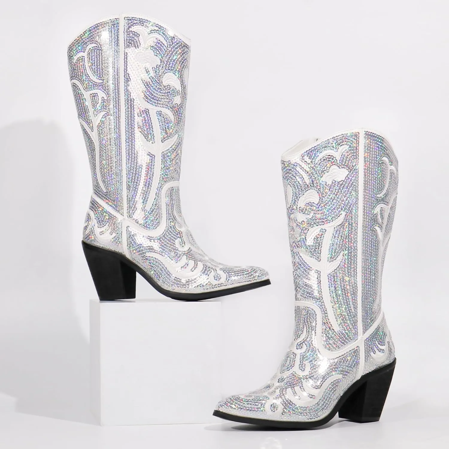 Hawkwell Women's Sequin Mid Calf Western Cowboy Boots Wide Calf High Fashion Zipper Pointed Toe Embroidered Tall Cowgirl Boots