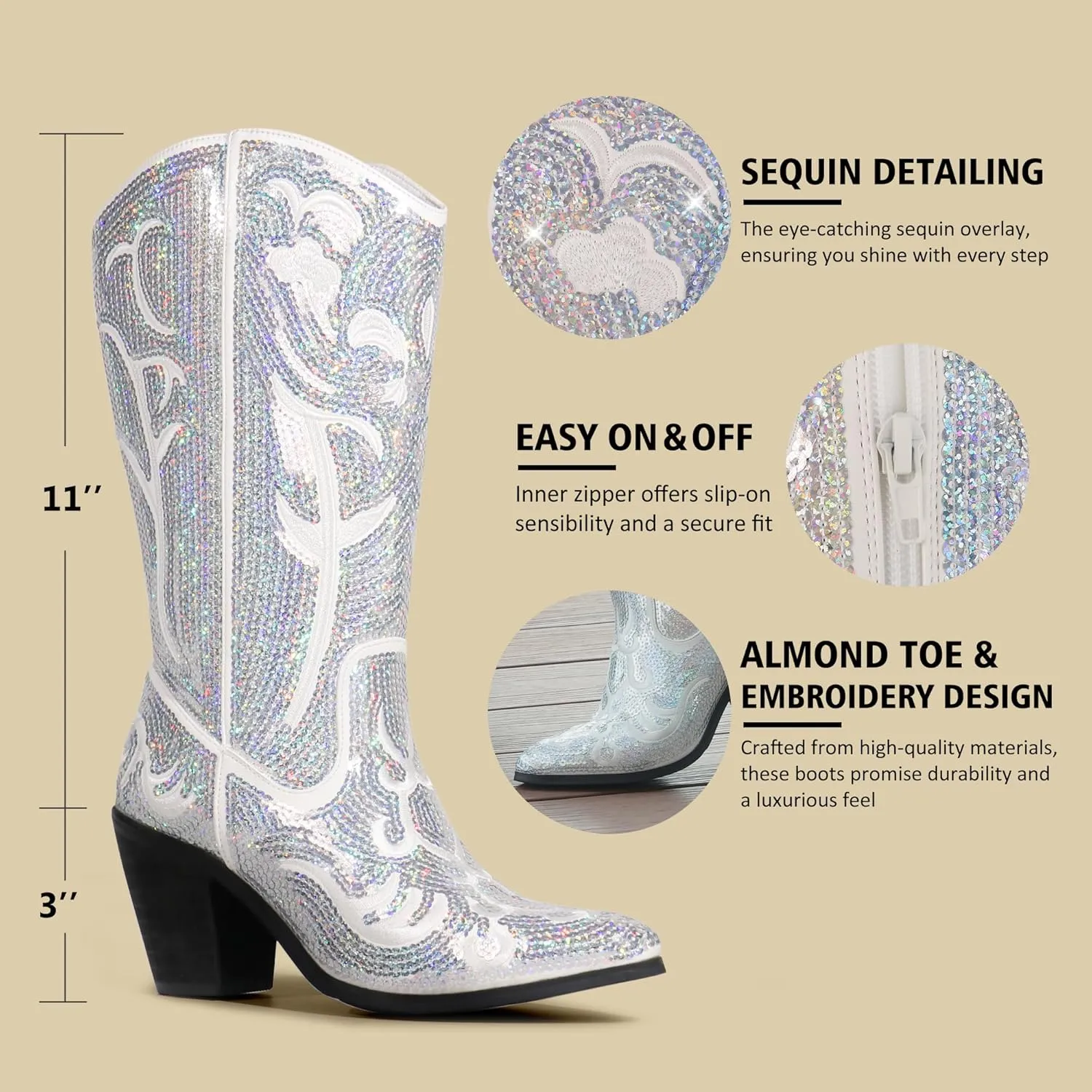 Hawkwell Women's Sequin Mid Calf Western Cowboy Boots Wide Calf High Fashion Zipper Pointed Toe Embroidered Tall Cowgirl Boots
