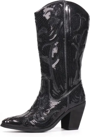 Hawkwell Women's Sequin Mid Calf Western Cowboy Boots Wide Calf High Fashion Zipper Pointed Toe Embroidered Tall Cowgirl Boots
